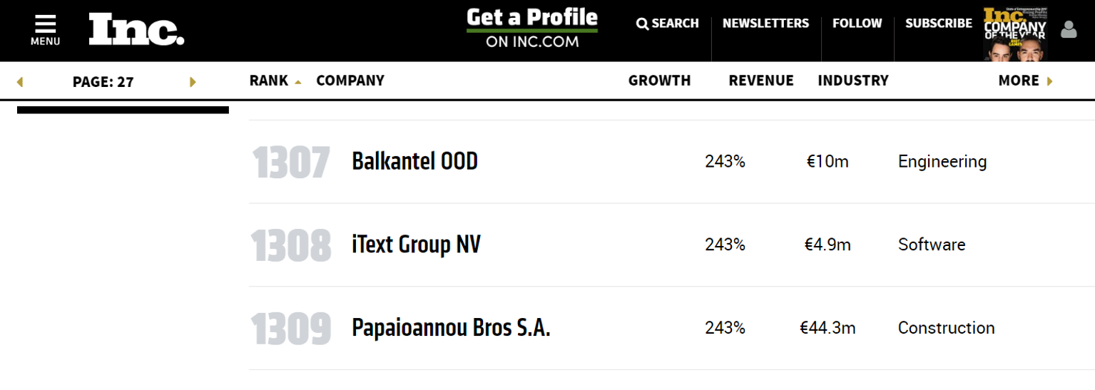 Inc 5000 Europe ranking for iText