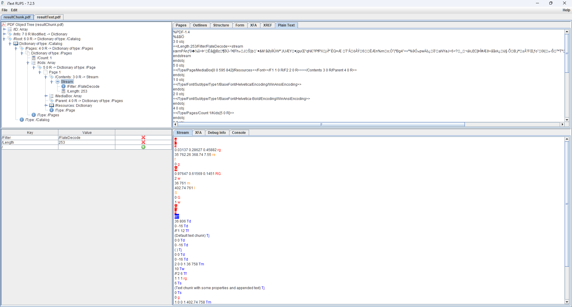 Figure 3: A view of the uncompressed content stream for our PDF generated with iText 5.