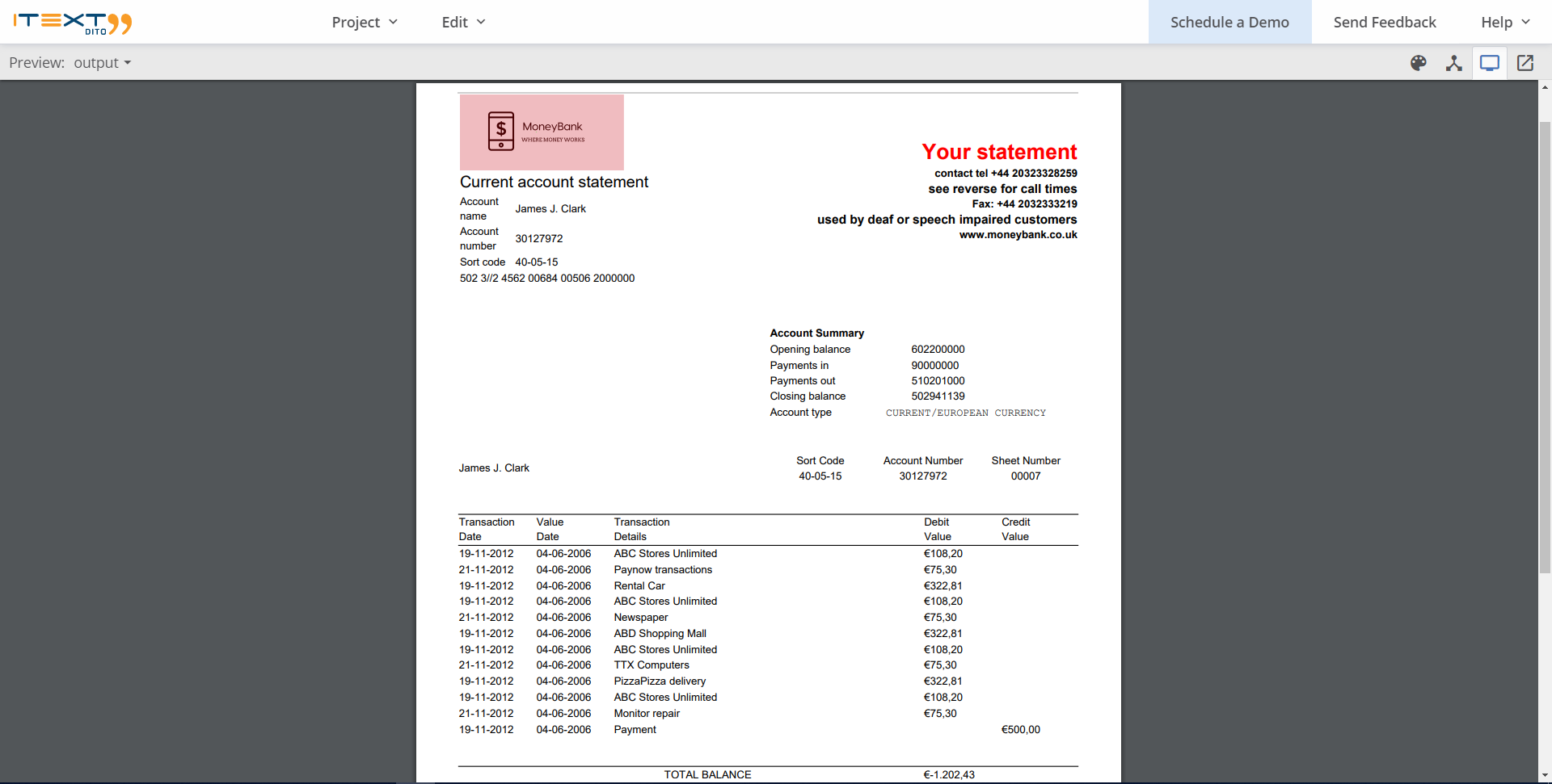 A screen showing the PDF preview mode of the iText DITO editor