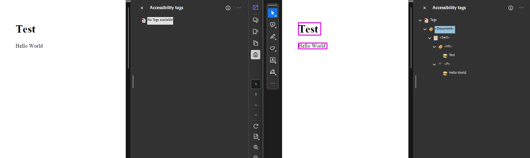 A comparison of an untagged and a tagged PDF in Acrobat.