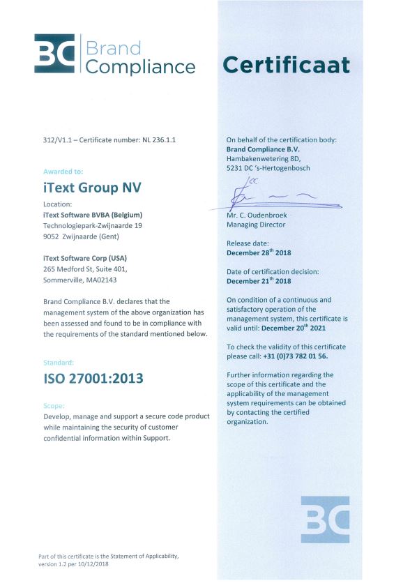 iText ISO 27001 Certificate