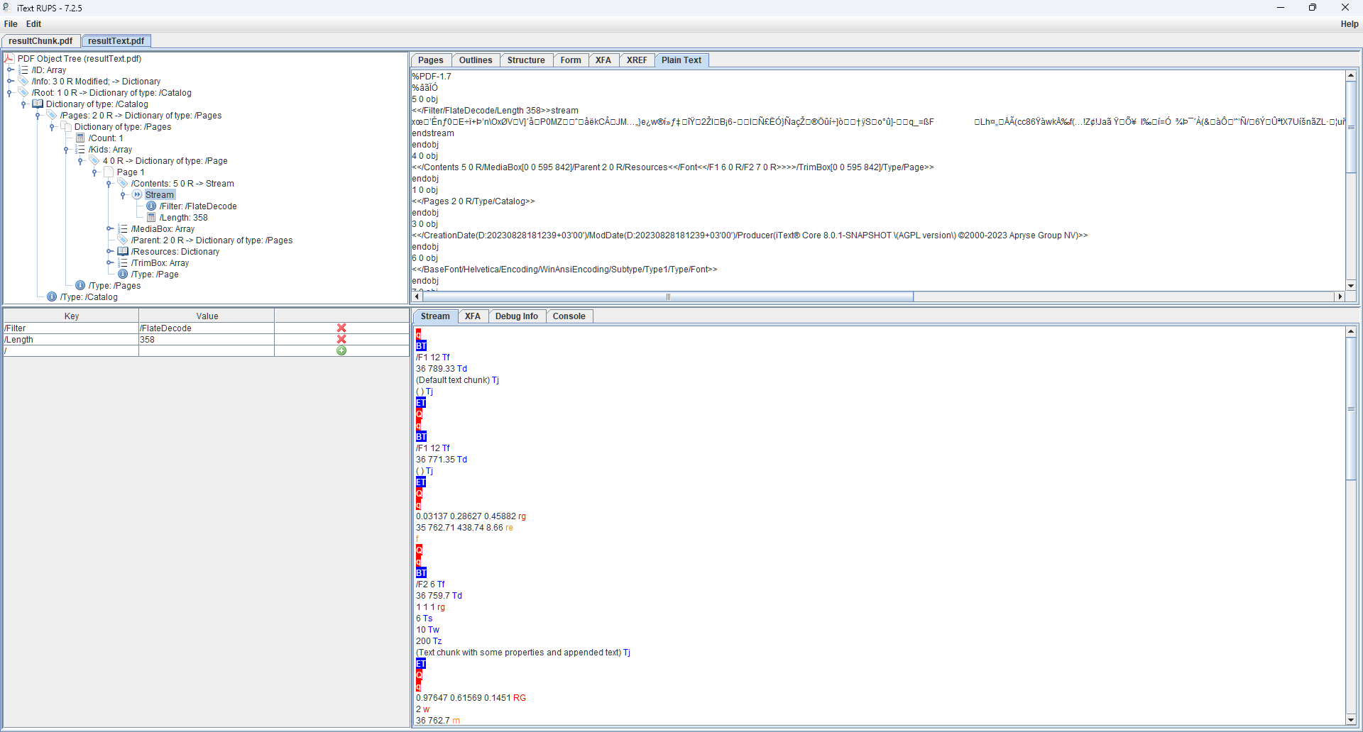 Figure 4: The uncompressed content stream of resultText.pdf.