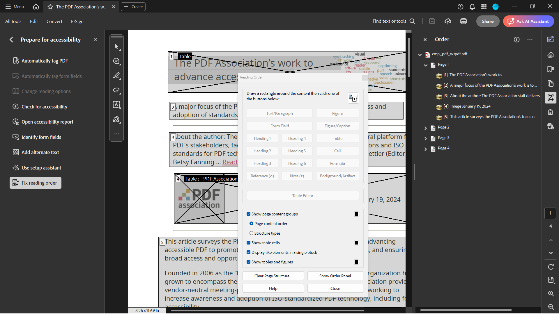 Displaying the reading order of an accessible PDF document in Acrobat