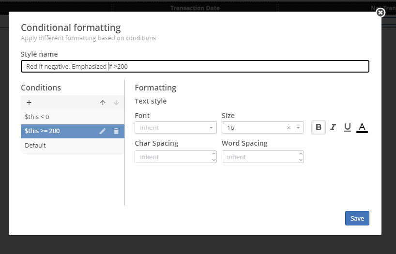 DITO conditional formatting red bold style