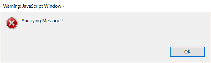 A pop up message called by JavaScript execution