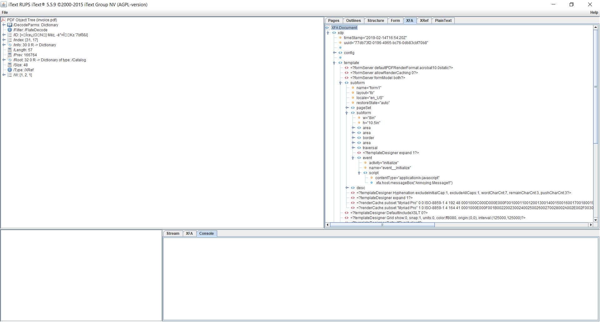 An XFA document viewed in RUPS