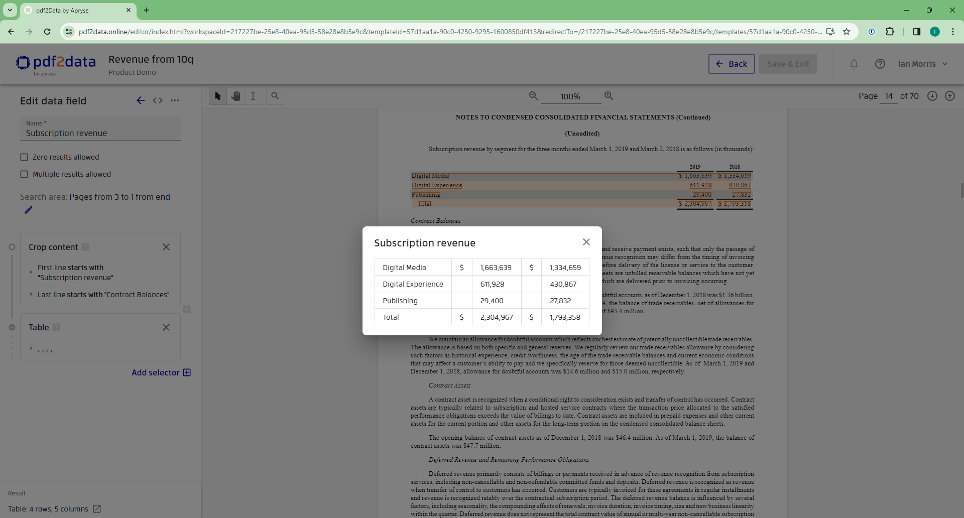 The Crop content selector allows defining specific areas of interest in a document