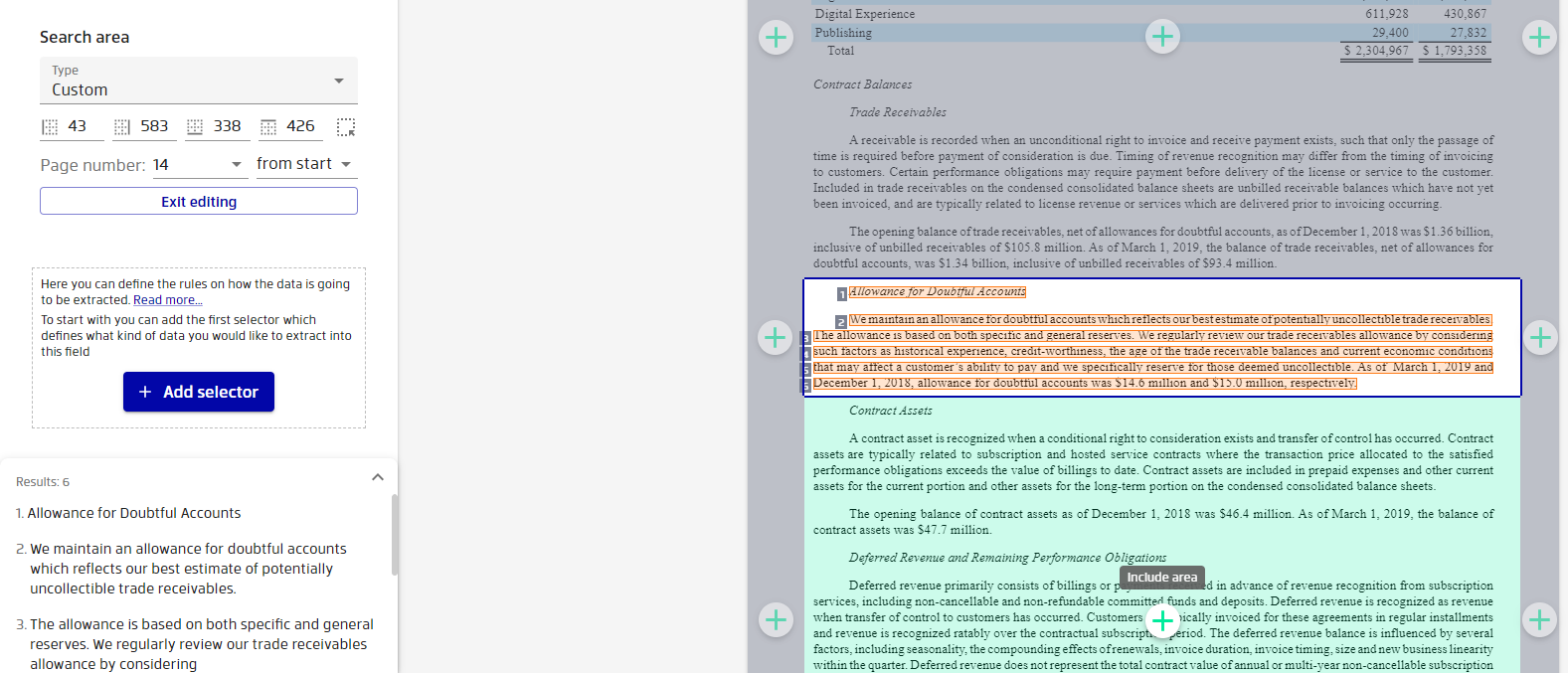 pdf2Data's Search area function allows you to easily restrict the parsing pipeline